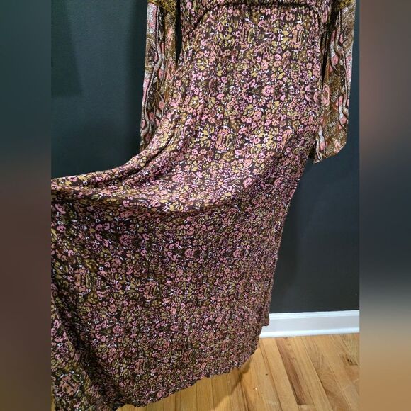 Long Boho Dress Floral Print Sz XL V Neck Elastic Waist Earth Tones Peasant - Picture 3 of 11